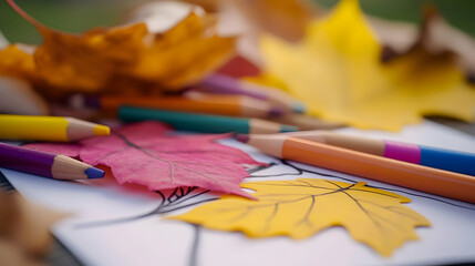 Autumnal art: Coloring book page with colorful maple leaves and pencils