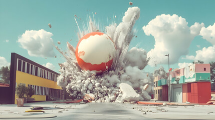 Surreal demolition: Gigantic sphere obliterating retro urban landscape with explosion