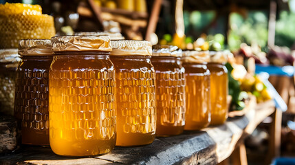 Golden symphony: a row of honey jars showcasing nature's sweet nectar