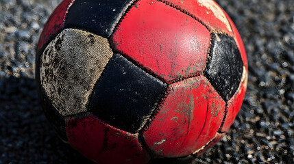 Worn Soccer Ball with Red and Black Panels Close-Up on Ground Surface