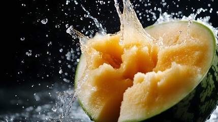 Dynamic shot of cantaloupe melon with water splash against a dark backdrop