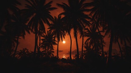 Obraz premium Tropical sunset silhouettes with orange ambiance