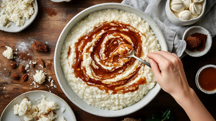 Delicious rice pudding with caramel swirl and toppings, artistic food photography