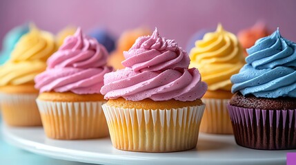 Array of colorful cupcakes with swirled frosting on a white platter, pastel background, vibrant and festive