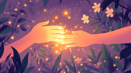 Intertwined hands amidst a mystical garden bathed in ethereal luminescence