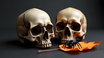 Two skulls with a black spider and an autumn leave on dark surface