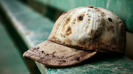Worn baseball cap resting on a weathered green bench, conveying a sense of forgotten stories