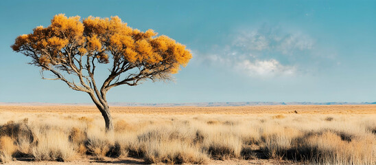 Solitary tree stands against the horizon in the arid, sun-baked landscape