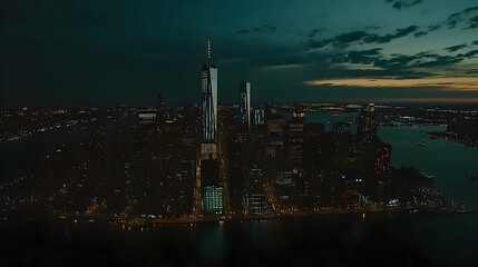 Nighttime urban panorama of a sprawling metropolis bathed in electric lights