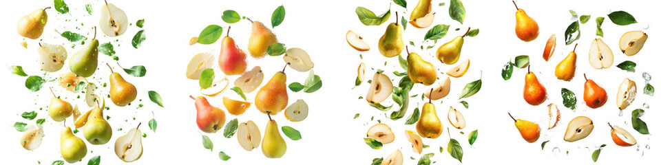 Falling pears with green leaves isolated on transparent background.