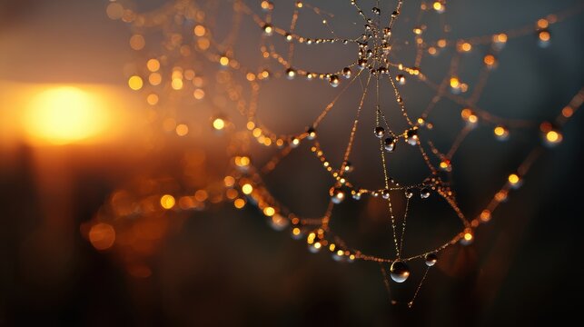 Dewy spider web glows with golden morning light in closeup macro view. AI-generated.