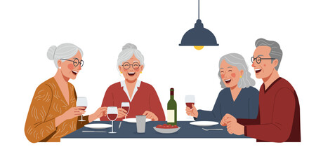 Elderly friends laughing and enjoying dinner at the table with wine  