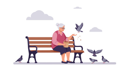 Elderly woman feeding pigeons while sitting on a park bench  