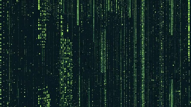 Abstract binary code and fiber optics create a futuristic digital matrix background with green light spots, illustrating data communication patterns