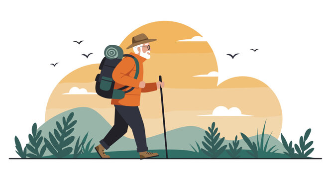 Elderly man hiking with backpack in scenic nature during sunset