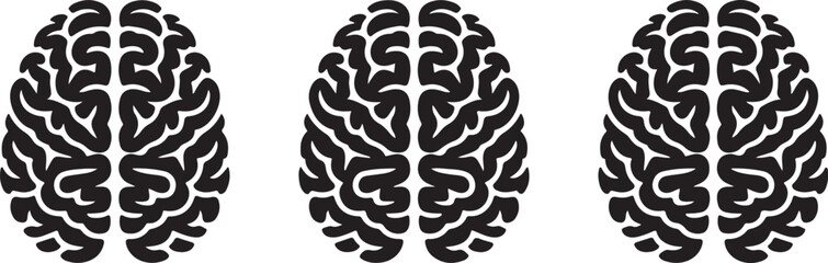 Three Stylized Black Brain Illustrations on White