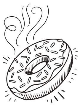 Hand-drawn outline vector of a whimsical donat dengan taburan (sprinkles), sketchy lines, doodle style, transparent background, black ink effect.