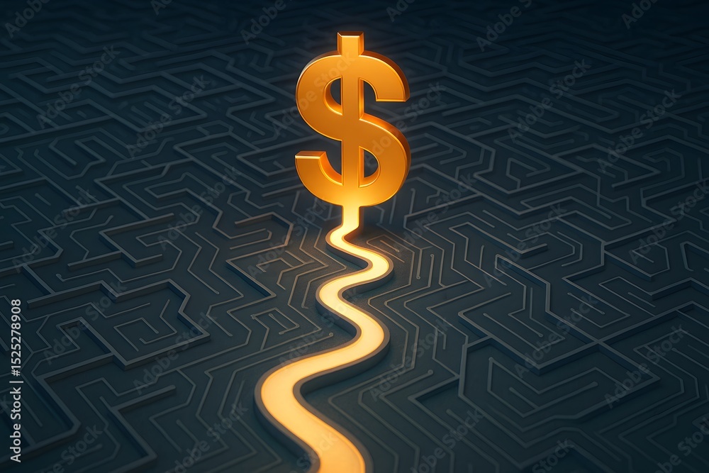 Poster golden dollar symbol on maze background representing financial challenge