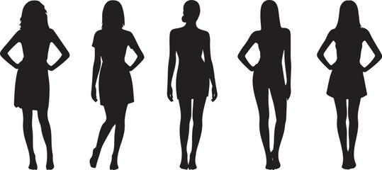 Five Female Silhouettes in Dresses Posing for Fashion