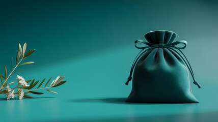 A minimalist product photography composition featuring a dark teal velvet drawstring bag with a decorative bow tie at the top, positioned on the right side of the frame.