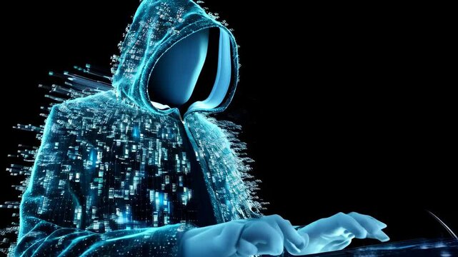 Futuristic hacker in cyberspace: digital data transformation scene