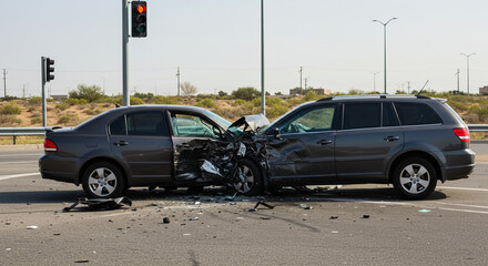 Naklejka premium Car accident with two vehicles at traffic signal intersection 