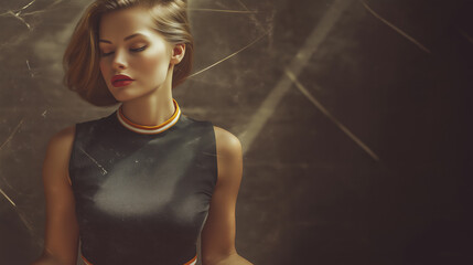 A young woman with her eyes closed, possibly meditating, is dressed in a reddish-brown dress. She sits with crossed golden light. created by ai