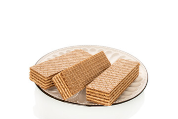 Several chocolate wafers, macro, isolated on white background.