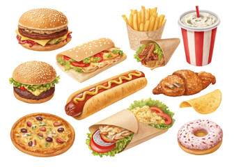 Illustrations Icons of various fast food choices, from burgers, fries, pizza, donuts, patties, hamburger, Perfect for advertising and transparent background PNG.
