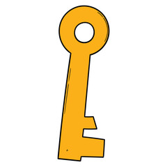 Hand drawn cartoon gold key on white background.