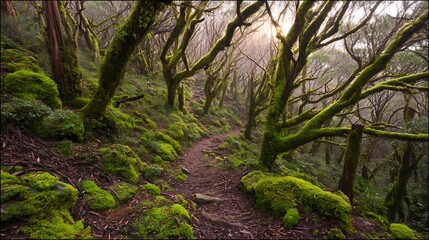 Obraz premium Mystical forest path at early light
