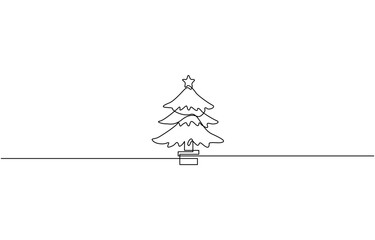 One line continuous drawing of a Christmas tree with star on top and Isolated on white background,  One line drawing Christmas tree, Christmas tree doodle Isolated.