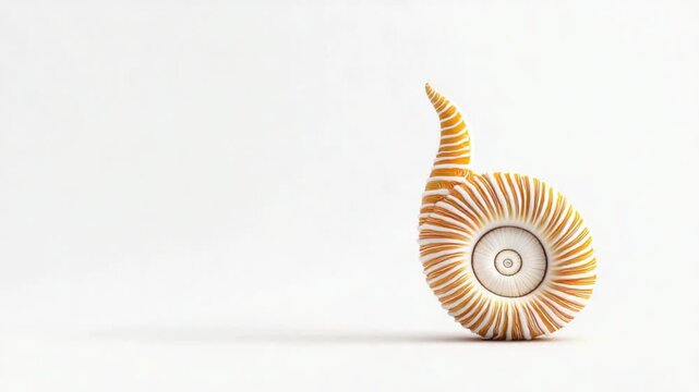 Close-up of a beautifully patterned nautilus shell against a minimalistic white background