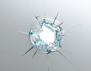 A clear shattered glass pane shows a central hole surrounded by radial cracks spreading outward in a circular pattern against a bright and neutral background.