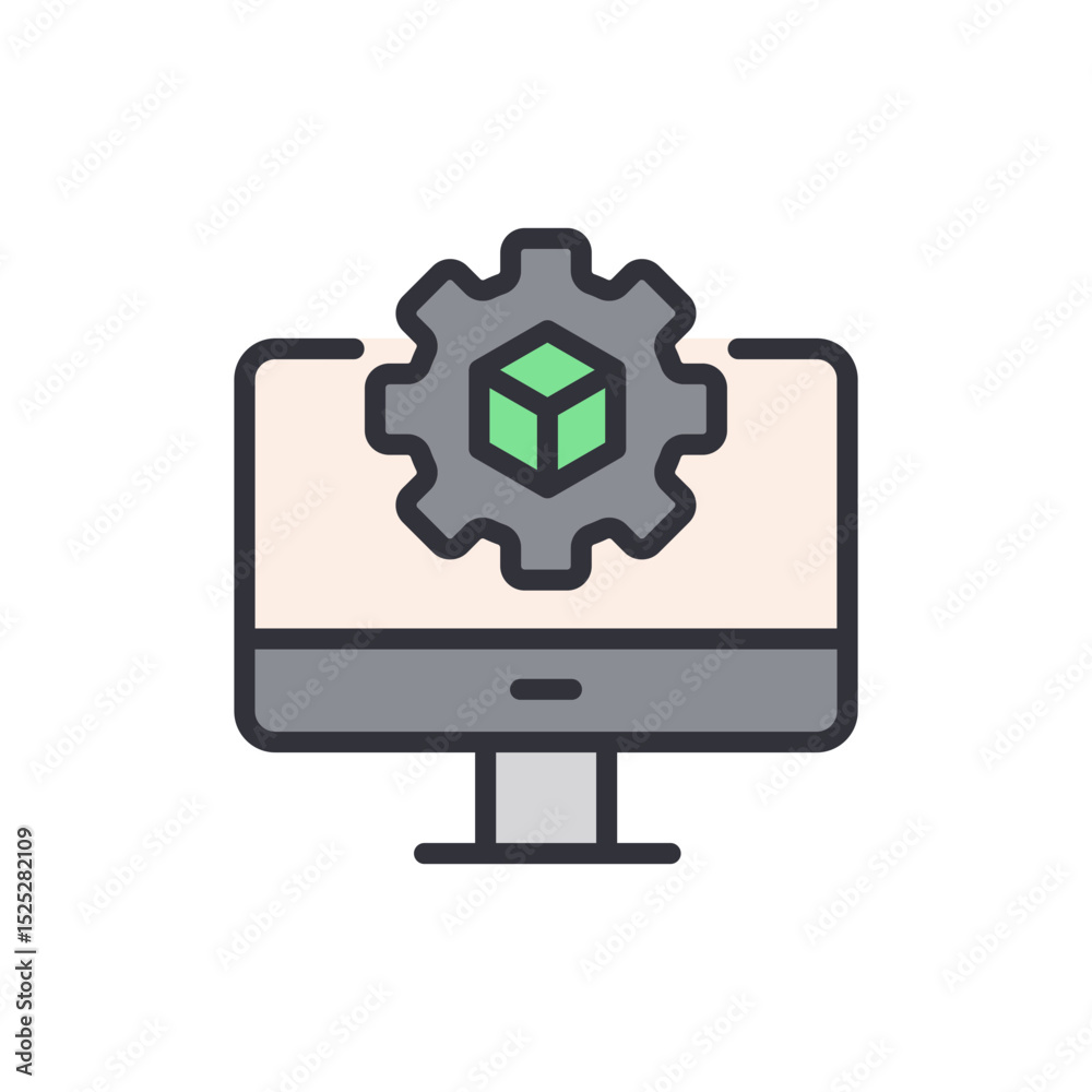 Poster computer display showing a gear with cube for development or settings