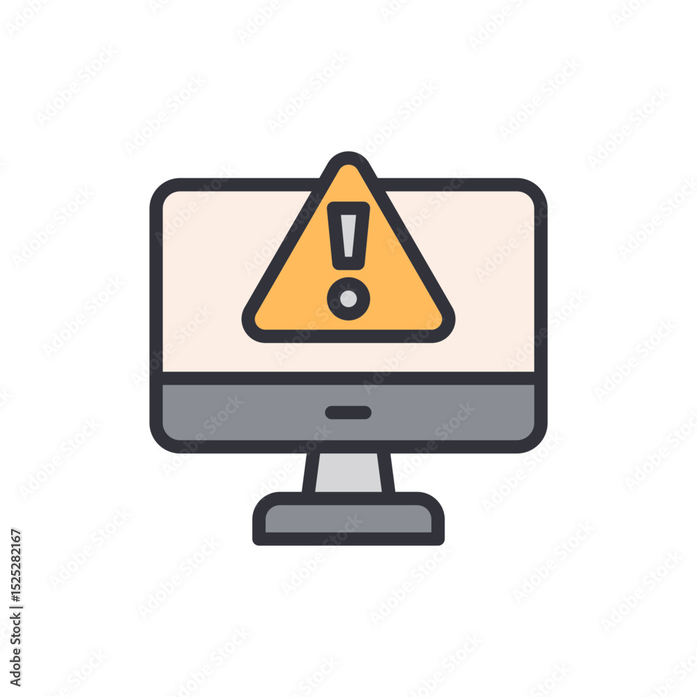 Poster desktop computer displaying a yellow triangle exclamation point alert icon