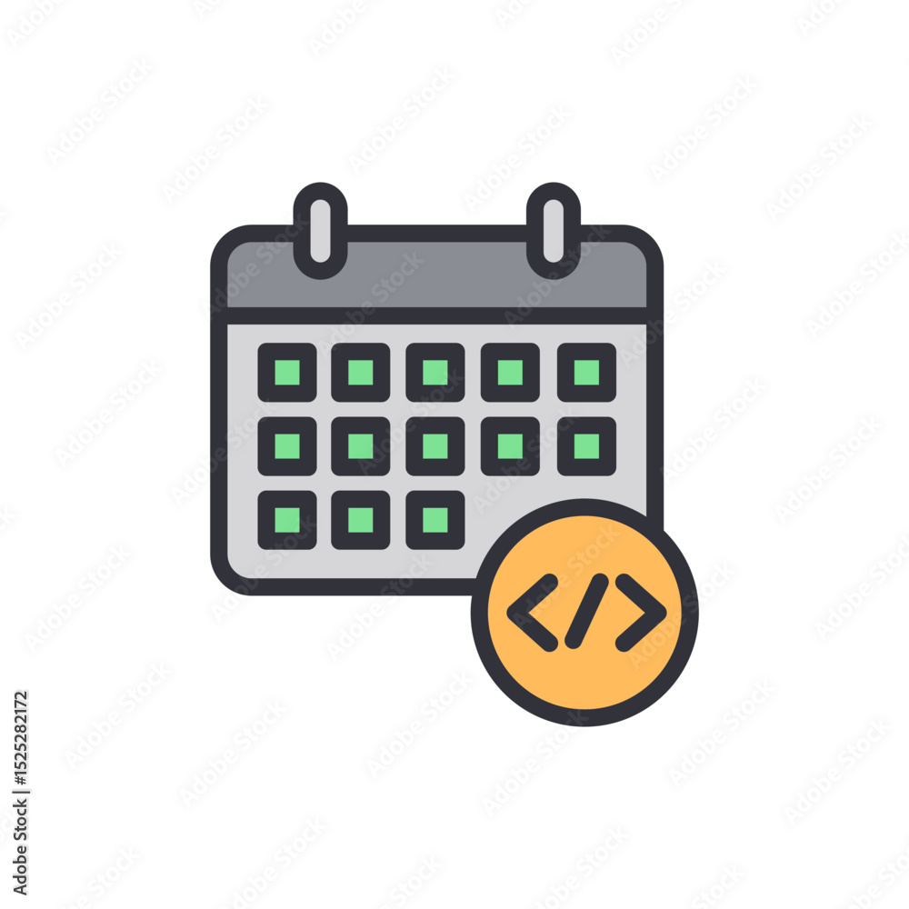 Poster software development schedule with calendar and coding symbol icon