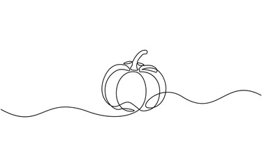 One continuous line drawing of pumpkin fruit illustration, Pumpkin Continuous Line Drawing Halloween Autumn Harvest One Line isolated minimalistic trendy style.