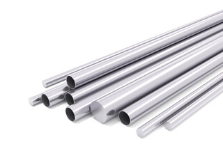 stack of steel pipes. 3d render of various stainless steel pipes and solid rods arranged on white background, ideal for industrial and engineering design visuals.