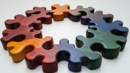 Colorful wooden puzzle pieces form a circle