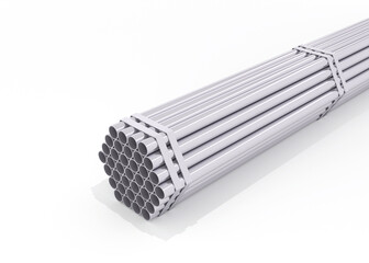 stack of steel pipes. Bundle of round stainless steel pipes tied with metal straps, neatly packed for transport or storage, 3d render on white background.