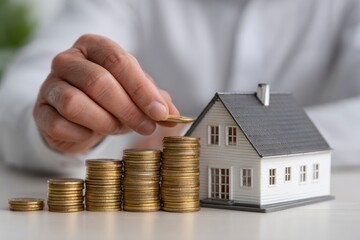 Hand adds coin to stacks beside a toy house depicting savings growth