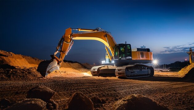 heavy excavator working at night in an illuminated construction site showcasing industrial machinery in action