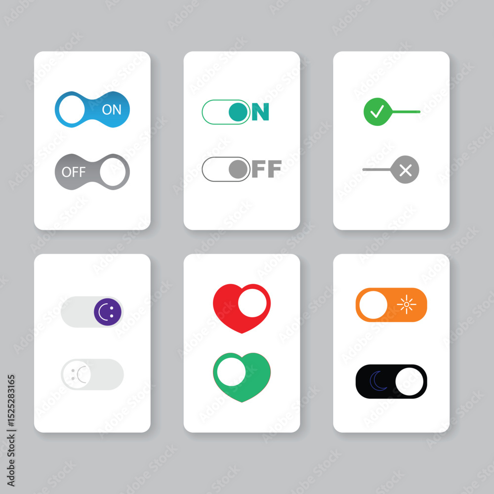 Poster on and off toggle switch buttons with lettering modern devices user interface mockup or template - b