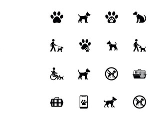 Essential Dog And Pet Care Icons- Paw Prints, Walking, Service Animals And Pet Prohibited Signs.