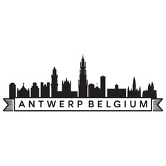 Fototapeta premium Antwerp skyline horizontal banner. Antwerp, Belgium. Vector template for your design. Vector black silhouette. with white background