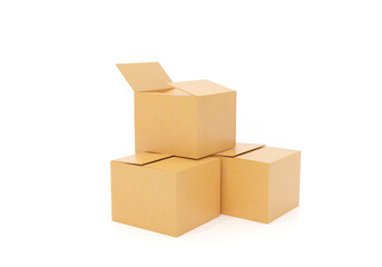 stack of cardboard boxes. 3d render of stacked cardboard boxes with one open lid, isolated on white background, suitable for shipping, storage, and packaging design concepts.