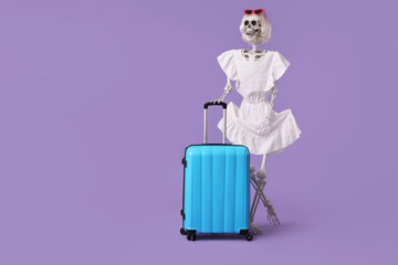 Human skeleton in dress with suitcase on lilac background. Travel concept
