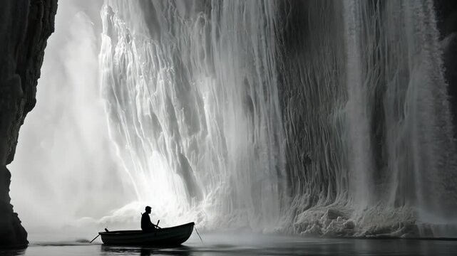 A small boat under a powerful waterfall