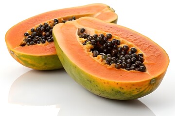 Halved Papaya on White Background &ndash; Realistic Food Photography with Vibrant Orange Flesh and Seeds